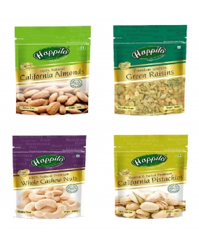 Happilo Premium Dry Fruits Combo 4(California Almonds, Raisins, Whole Cashews, Roasted Pistachios ) Pouch, 850 g