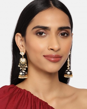 Zaveri Pearls Black & White Meenakari Lotus Design Traditional Kundan Jhumki 