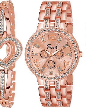 Frozil Analogue Diamond Rosegold Dial Watch with 2 Bracelet for Women Or Girls and Watch for Girl 
