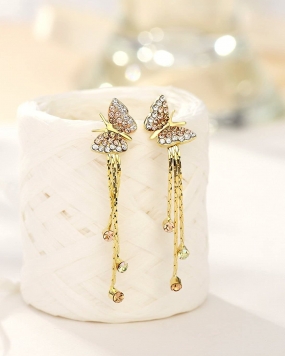 Yellow Chimes Exquisite A Grade Crystal Needle Long Hanging Butterfly's Tassel Gold Silver Plated Dangler Earrings for Women and Girls